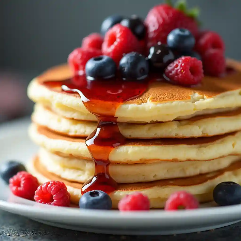 A stack of fluffy pancakes topped with fresh berries and syrup.