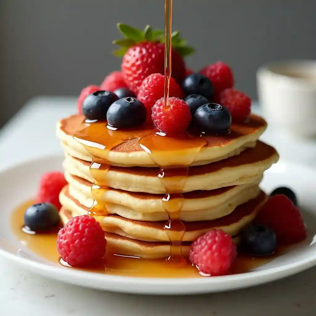 A stack of fluffy pancakes topped with fresh berries and syrup.