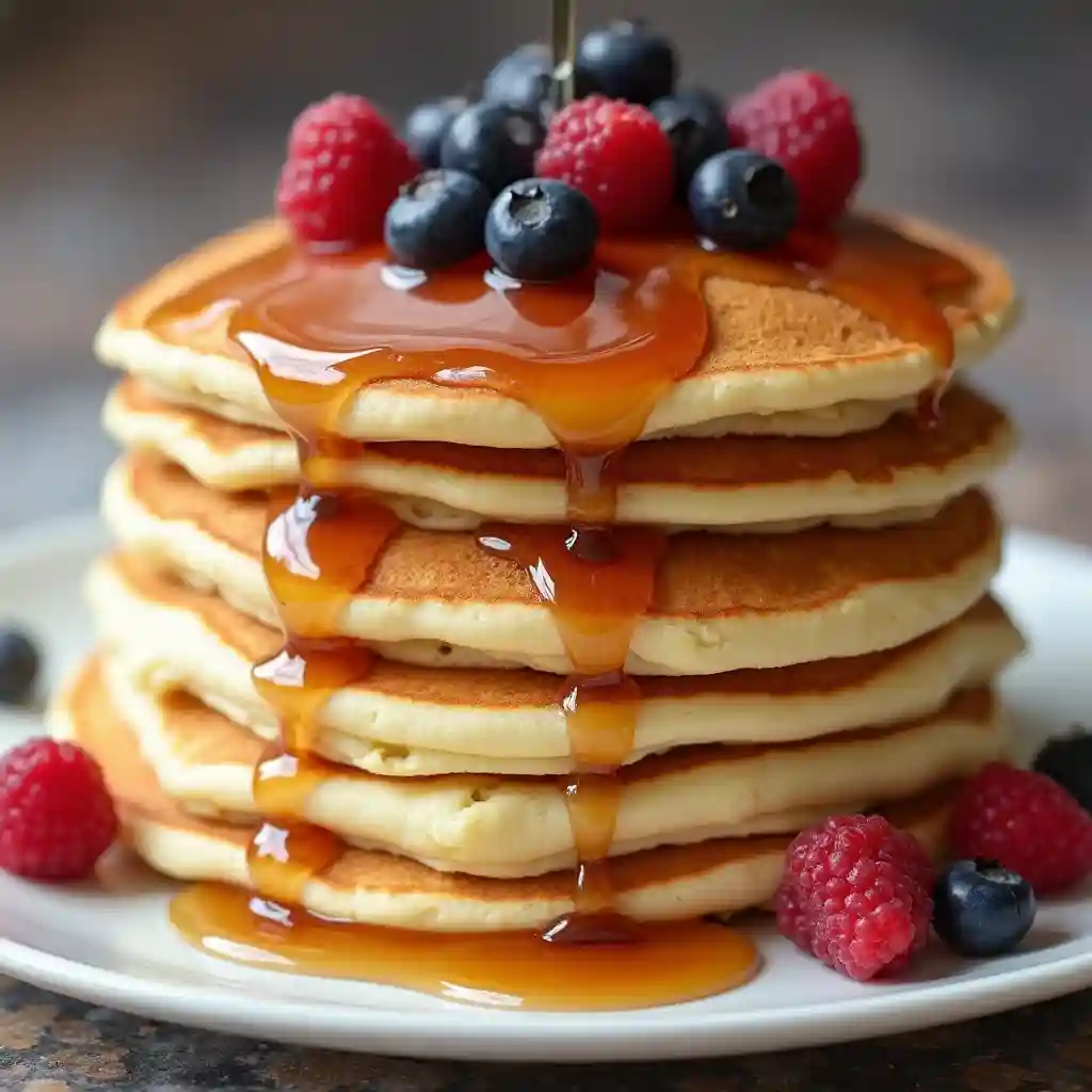 A stack of fluffy pancakes topped with fresh berries and syrup.