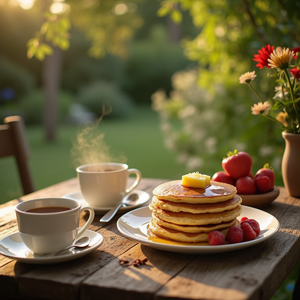 A garden table with a breakfast setting, featuring a cup of coffee and a plate of Cracker Barrel pancakes topped with butter and maple syrup.