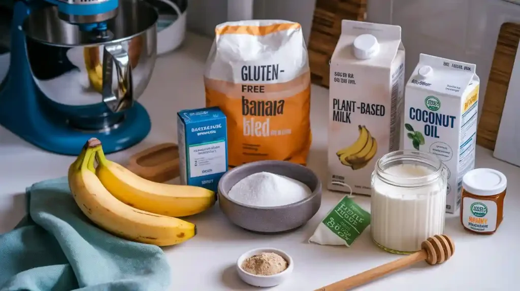 Ingredients for gluten-free banana bread laid out on a kitchen counter, including bananas, gluten-free flour, sugar, baking soda, salt, plant-based milk, and coconut oil.