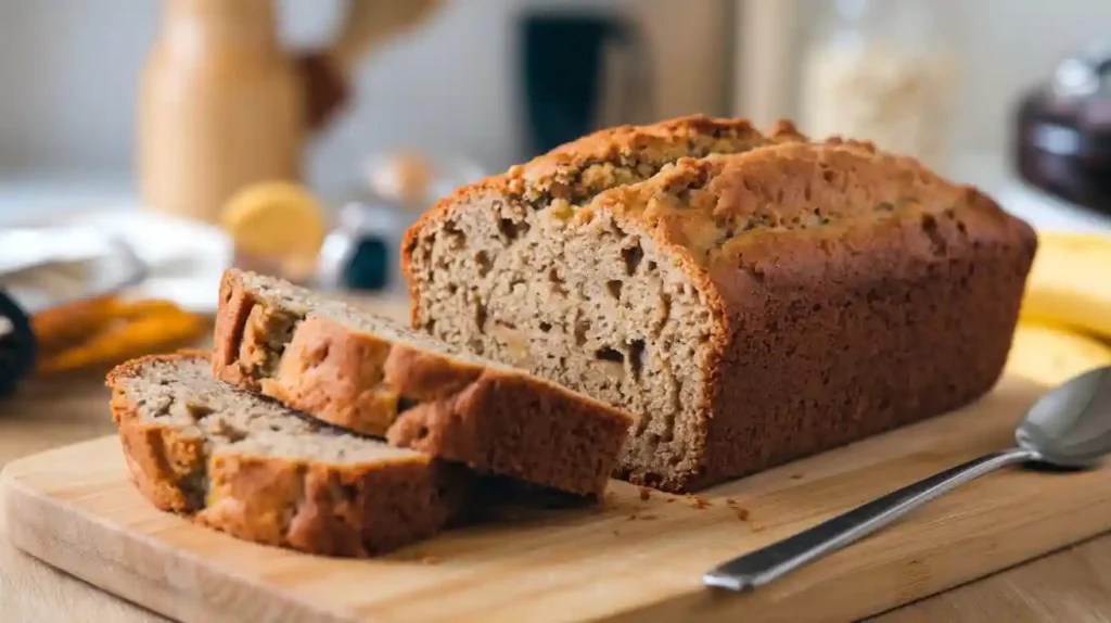 A freshly baked loaf of gluten-free banana bread, sliced and displayed on a wooden cutting board.