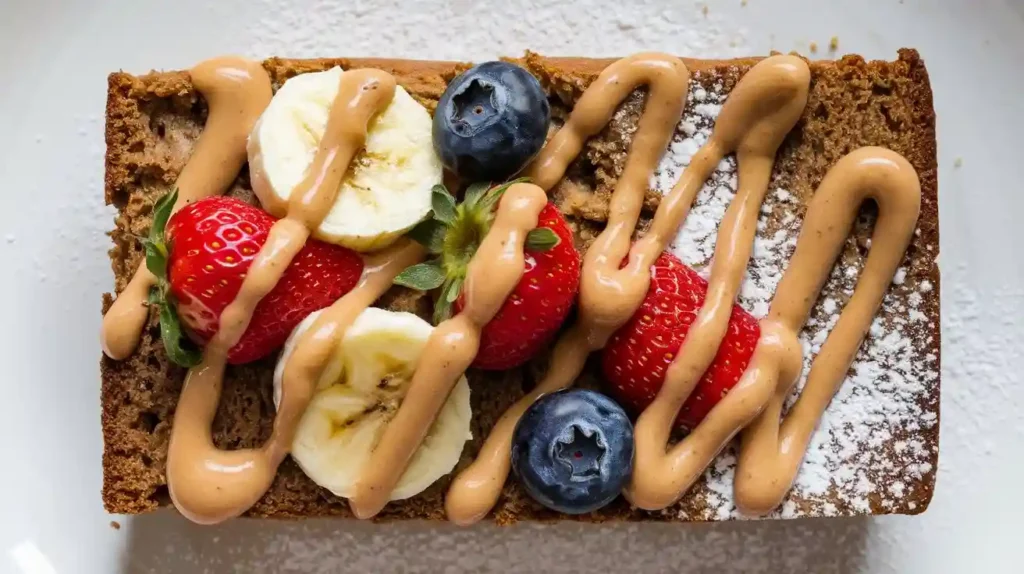 Various toppings for gluten-free banana bread, including nut butter, fresh fruit, and a dusting of powdered sugar.