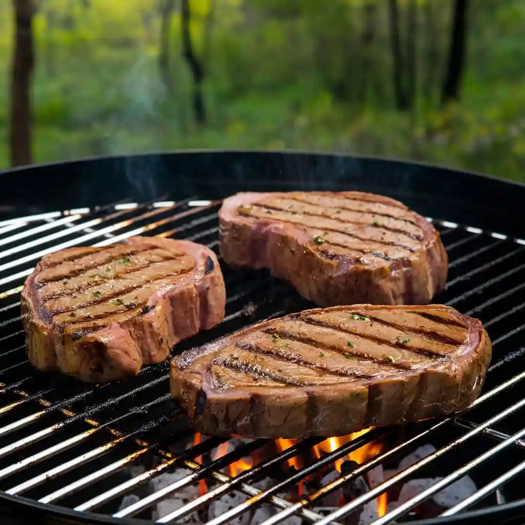 Venison steaks being grilled on a barbecue with visible grill marks.