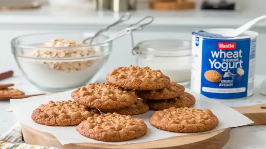 A display of healthier ingredient substitutions for Nestle Toll House cookies, including whole wheat flour, oats, and Greek yogurt.