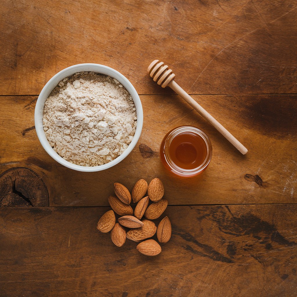  Whole wheat flour, honey, and almonds displayed as healthy ingredients for banana bread.