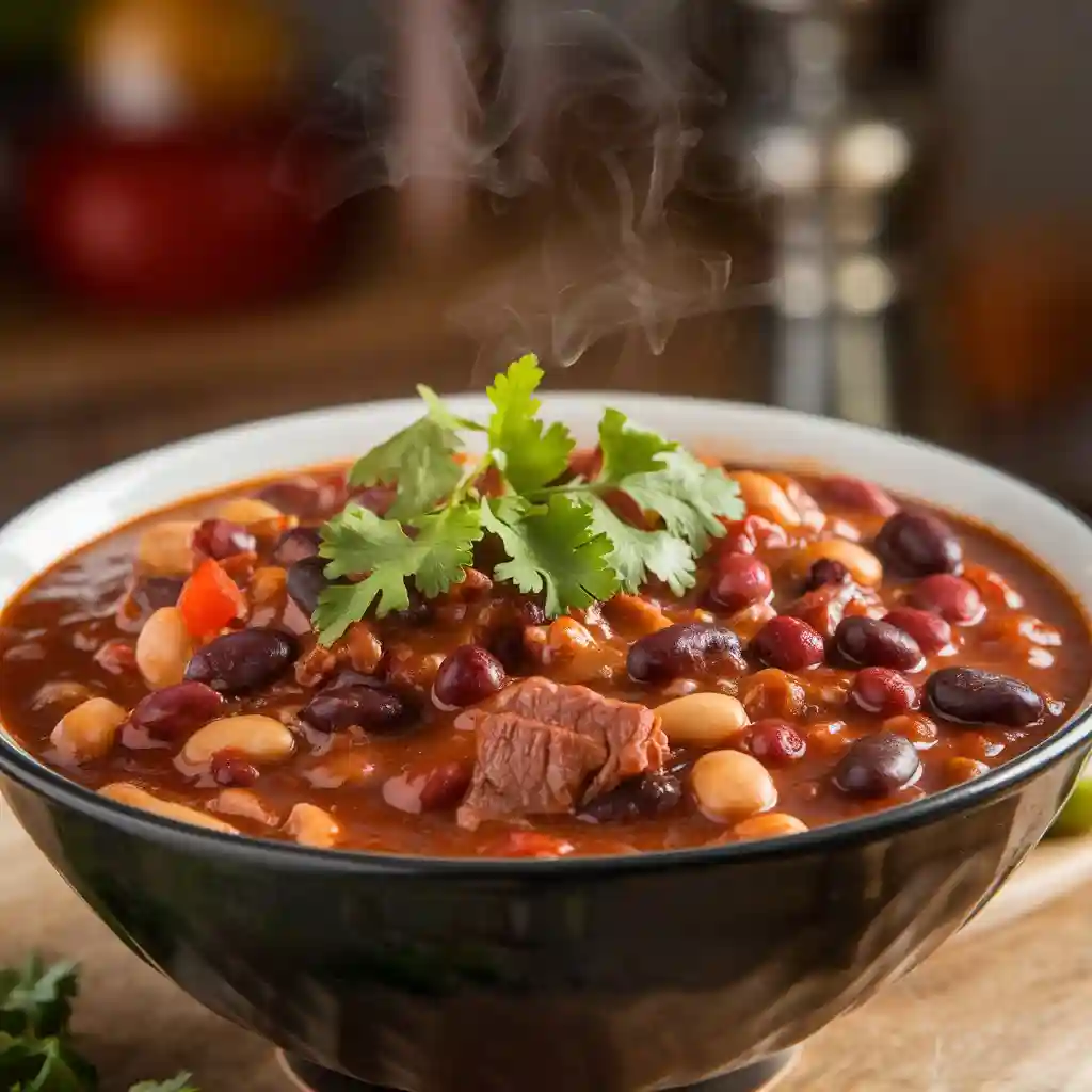 Steaming bowl of venison chili with beans and vegetables, garnished with fresh cilantro.