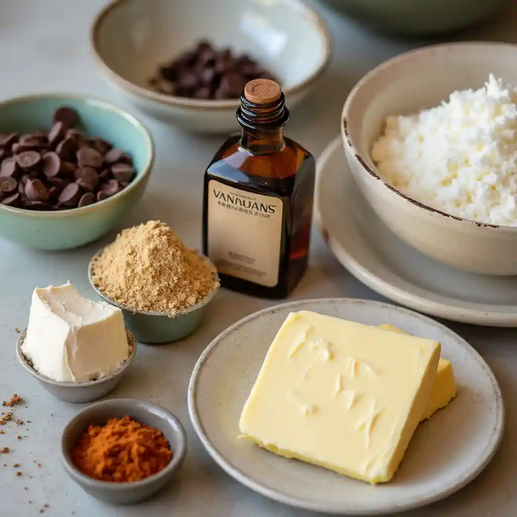 Various high-quality baking ingredients, including butter, vanilla extract, and chocolate chips, displayed on a kitchen counter.