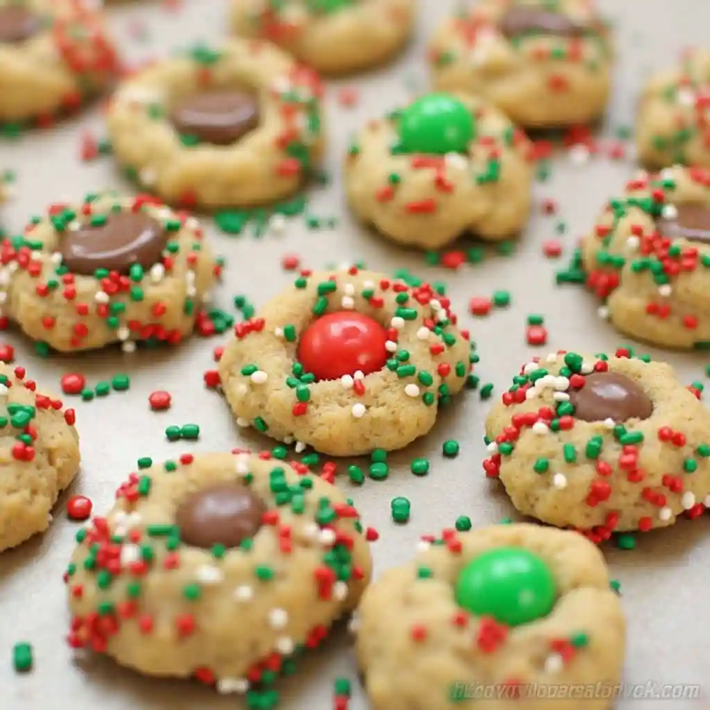 Holiday-themed chocolate chip cookies decorated with red and green sprinkles and candy-coated chocolates.