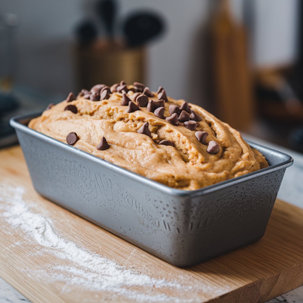 Banana bread batter spread evenly in a loaf pan before baking.