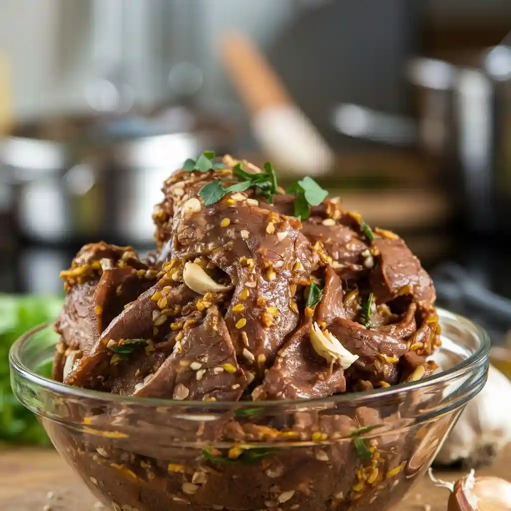 A bowl of marinated venison with a mixture of spices, garlic, and herbs.