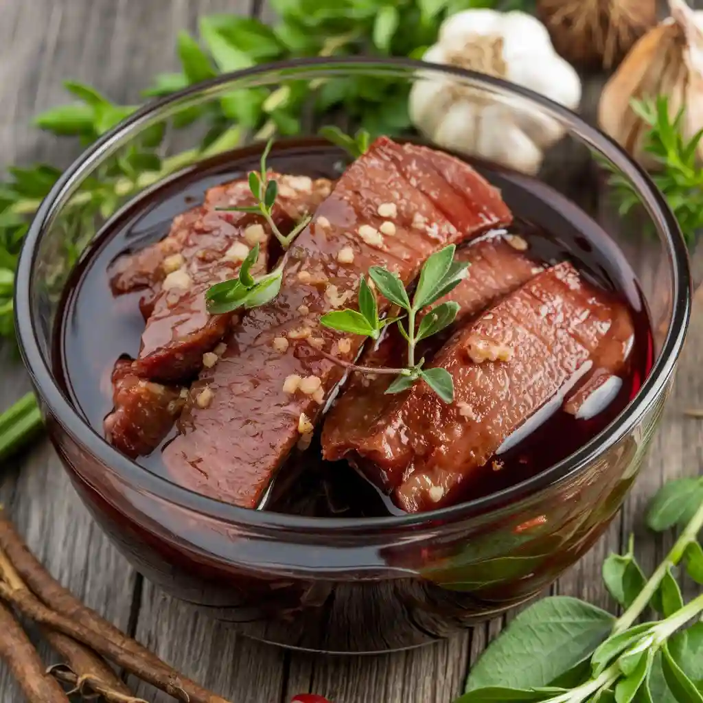 Venison pieces soaking in a marinade of red wine, garlic, and herbs in a glass bowl.