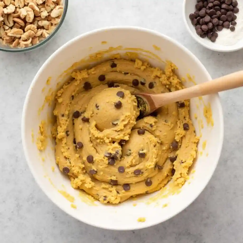 Mixing ingredients for Toll House chocolate chip cookies.