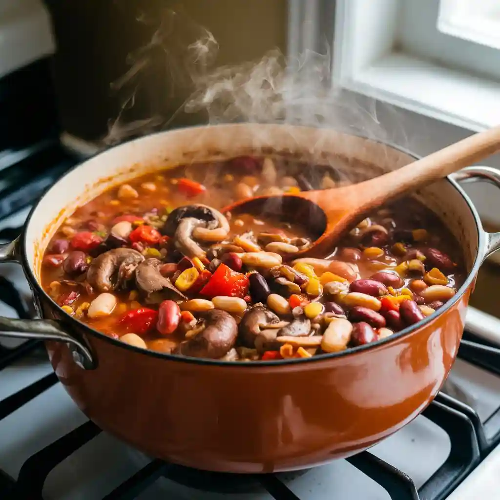 Mushroom and bean plant-based chili simmering in a pot, with steam rising and vibrant colors of vegetables visible.