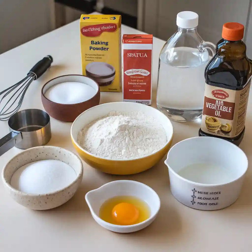 Ingredients for no-milk pancakes laid out on a kitchen counter, including flour, sugar, baking powder, salt, water, vegetable oil, and an egg.