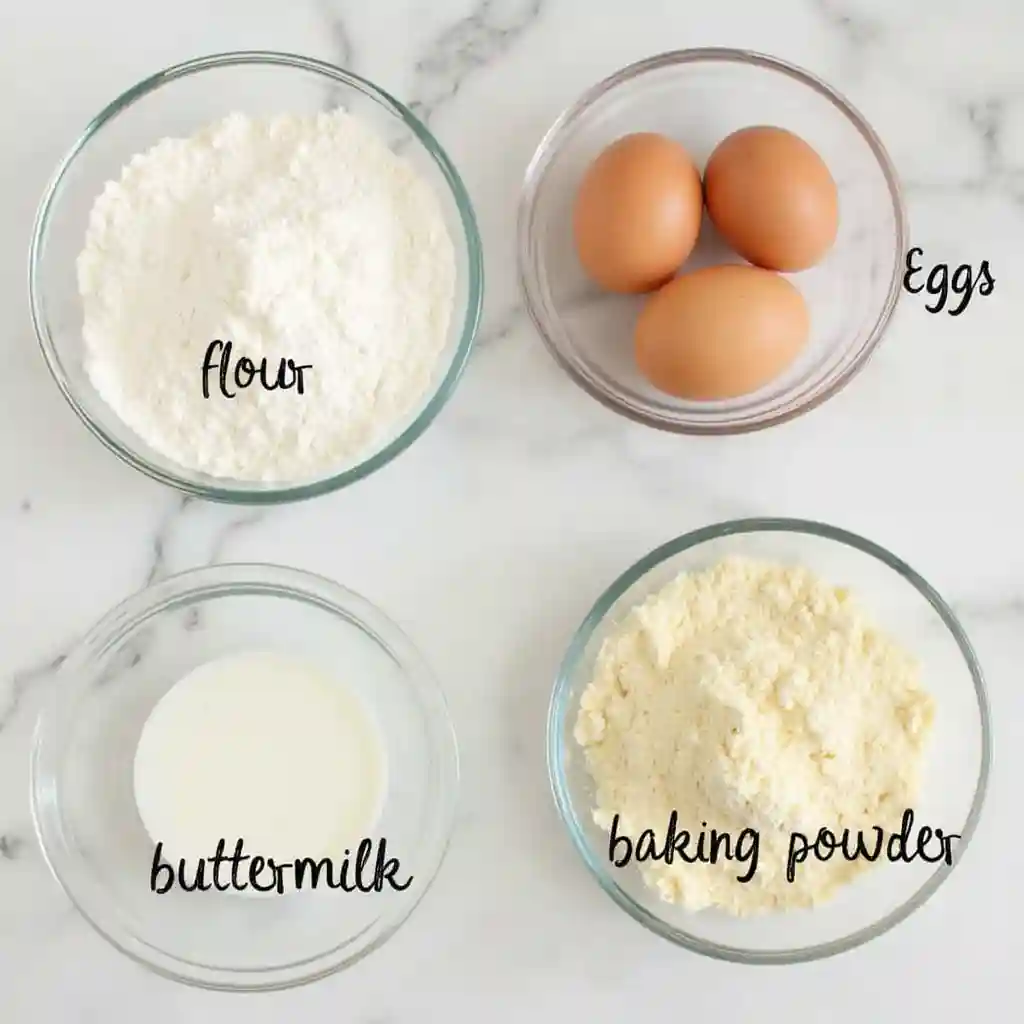 Ingredients for Cracker Barrel pancakes, including flour, eggs, buttermilk, and baking powder