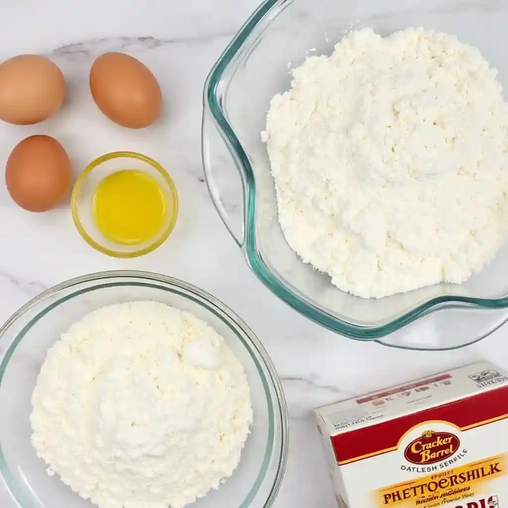 Ingredients for Cracker Barrel pancakes, including flour, eggs, buttermilk, and baking powder.