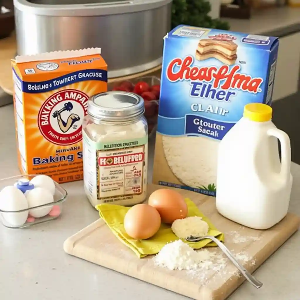 Ingredients for pancakes, including baking powder, baking soda, flour, eggs, and milk.