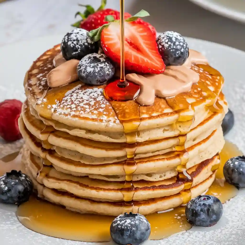 Various toppings for pancakes, including syrup, fresh fruit, nut butter, and powdered sugar.