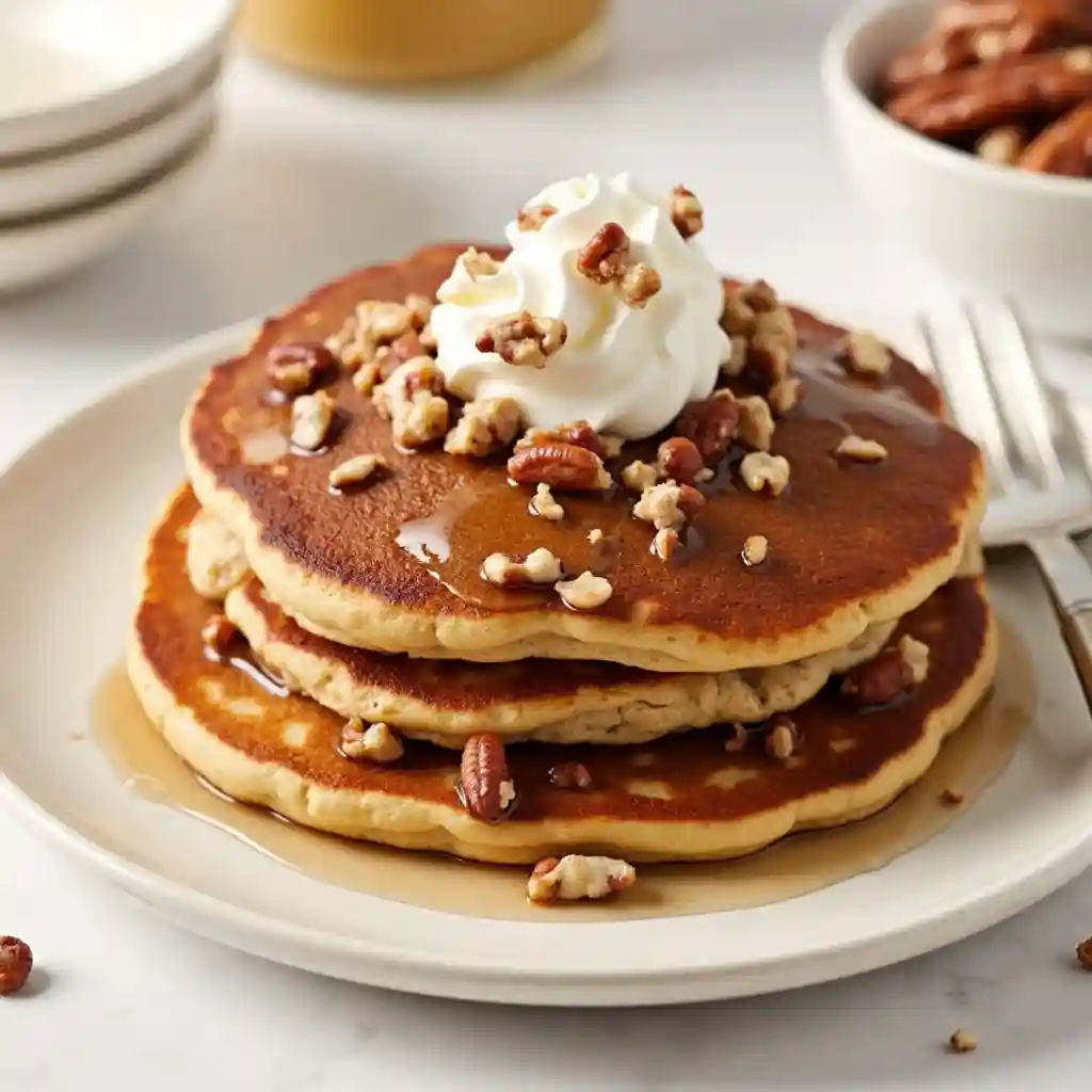 A plate of pecan pancakes with pecans scattered on top and a dollop of whipped cream.