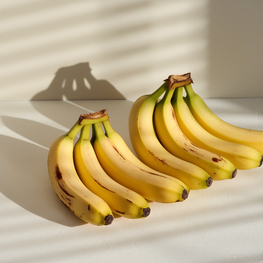 Close-up of ripe bananas with yellow skins and brown spots.