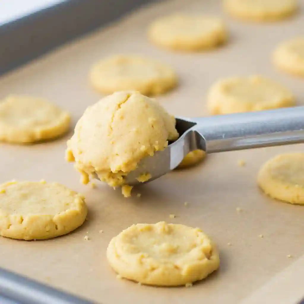Scooping Toll House chocolate chip cookie dough onto a baking sheet.