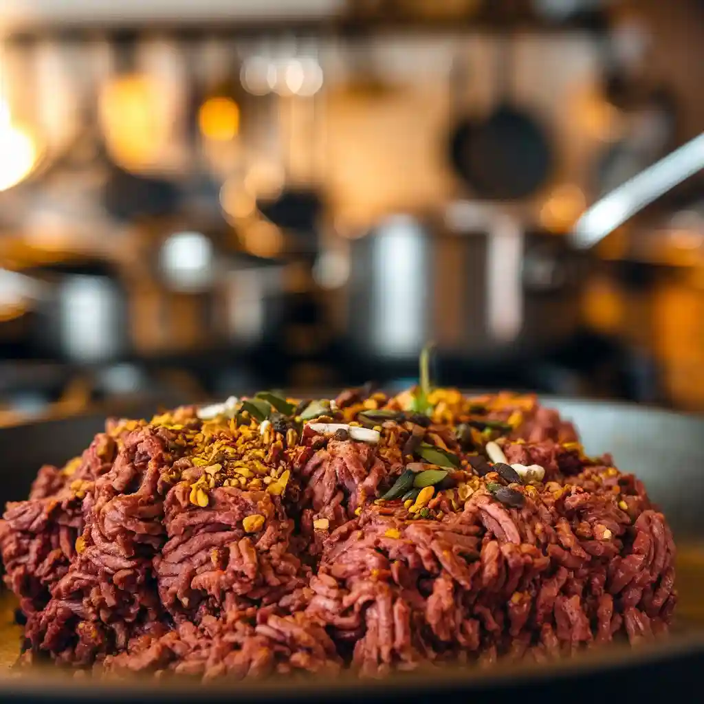 Close-up of ground venison seasoned with spice rub, ready for cooking.