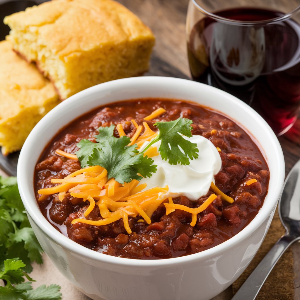 A beautifully styled bowl of venison chili served with toppings like shredded cheese, sour cream, and fresh cilantro, alongside cornbread and a glass of red wine.