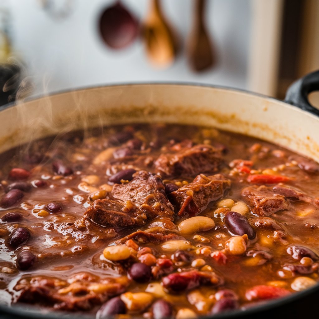 A close-up shot of venison chili simmering in the pot, showing the rich, thick texture and the blend of ingredients, with steam and bubbles indicating it’s cooking.