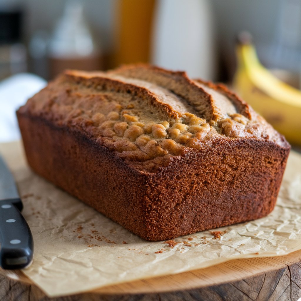 A loaf of banana bread with healthy ingredients like bananas, walnuts, and oats on a wooden board.