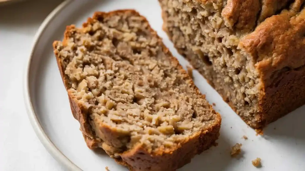 Close-up of a slice of gluten-free banana bread with a bite taken out of it, showing its moist texture.