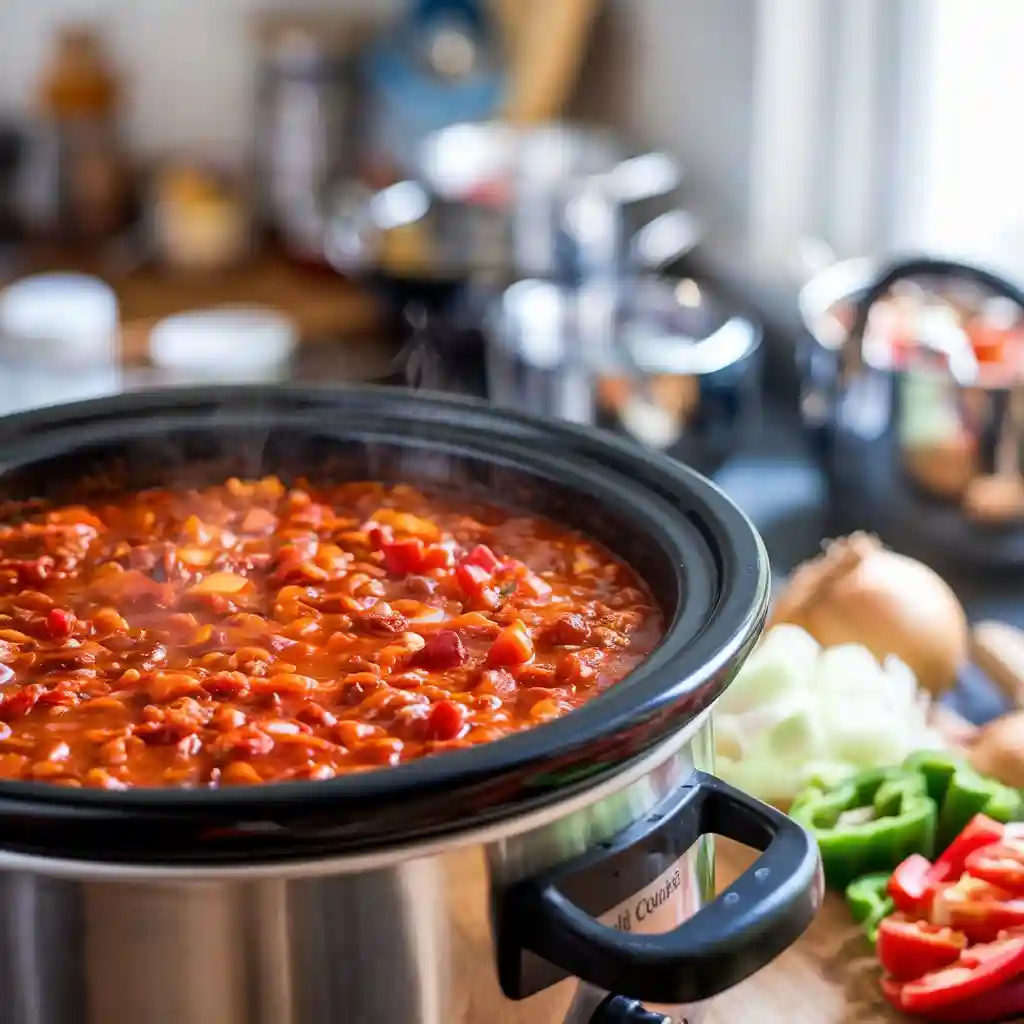 Chili simmering in a slow cooker, showing a rich and thick texture.