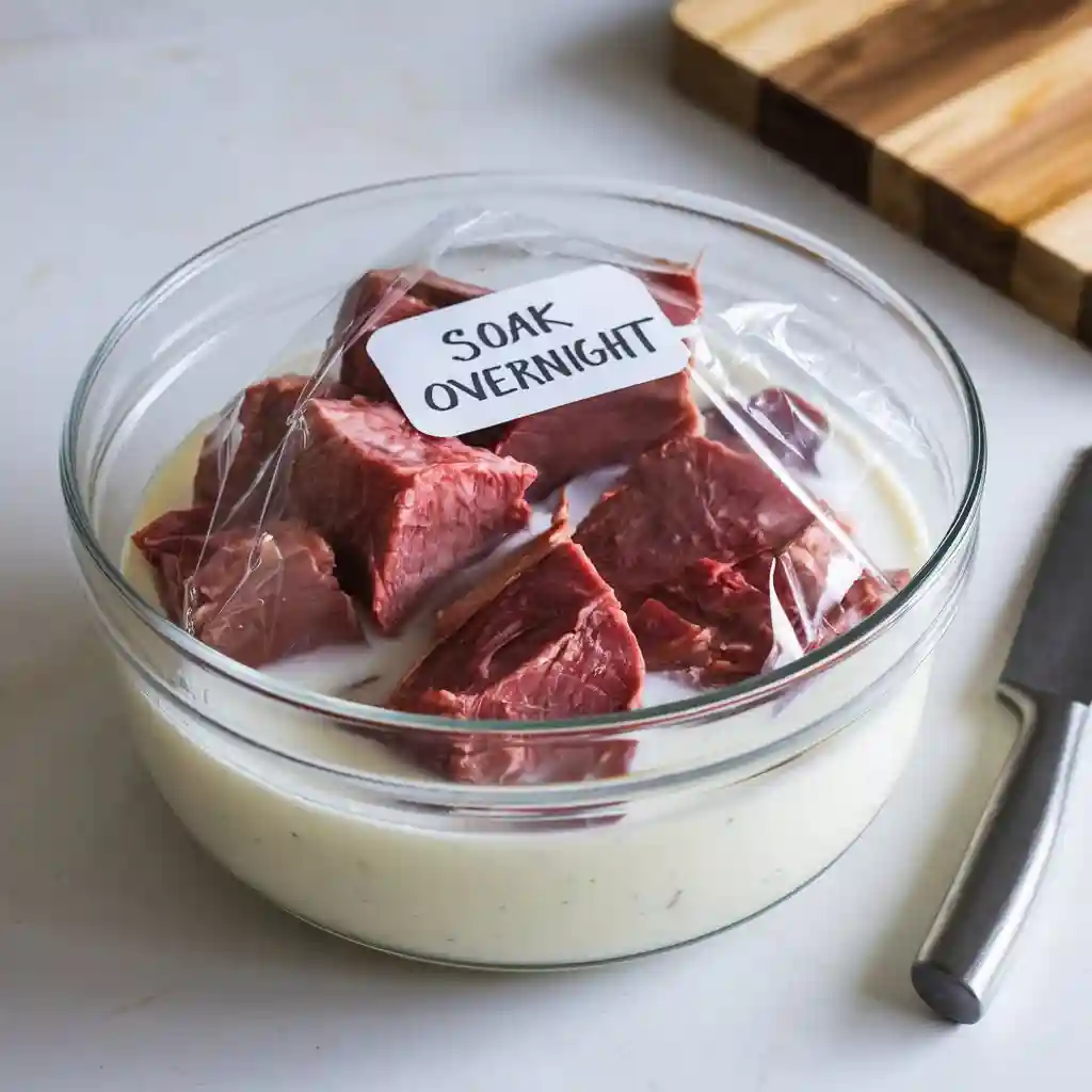 Venison pieces submerged in a bowl of buttermilk, ready to soak overnight.