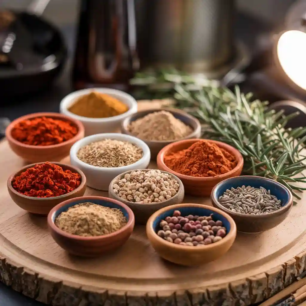 A variety of spices in small bowls, including chili powder, cumin, garlic powder, onion powder, smoked paprika, rosemary, thyme, coriander, and juniper berries.