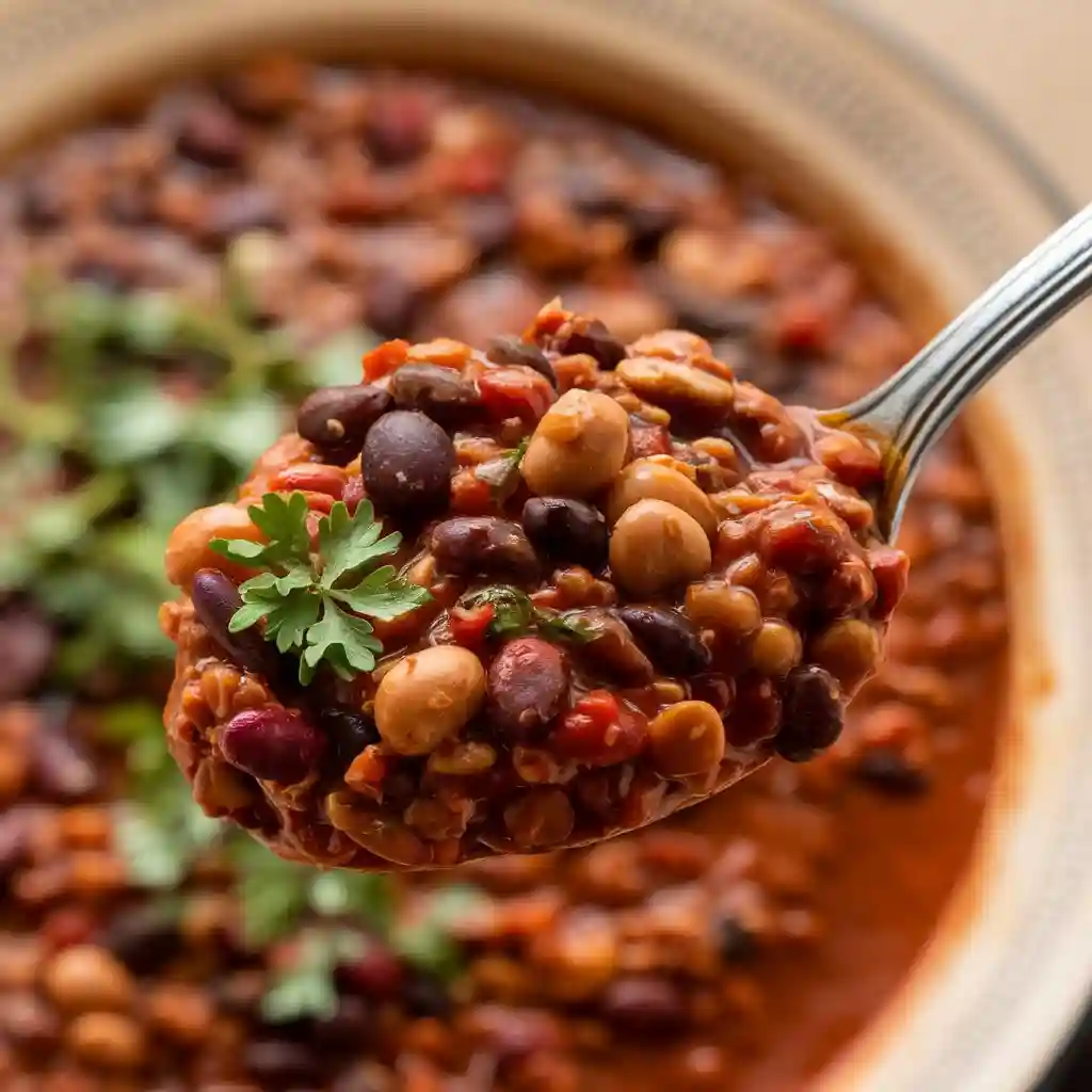 Close-up of a spoonful of vegan venison chili, showing the rich texture of lentils, beans, and vegetables.