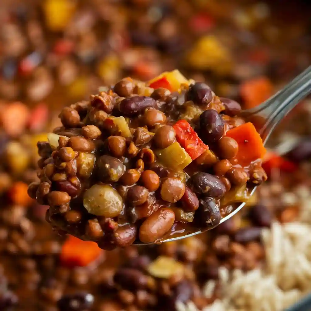 Close-up of a spoonful of hearty plant-based chili, showing the rich texture of lentils, beans, and vegetables.