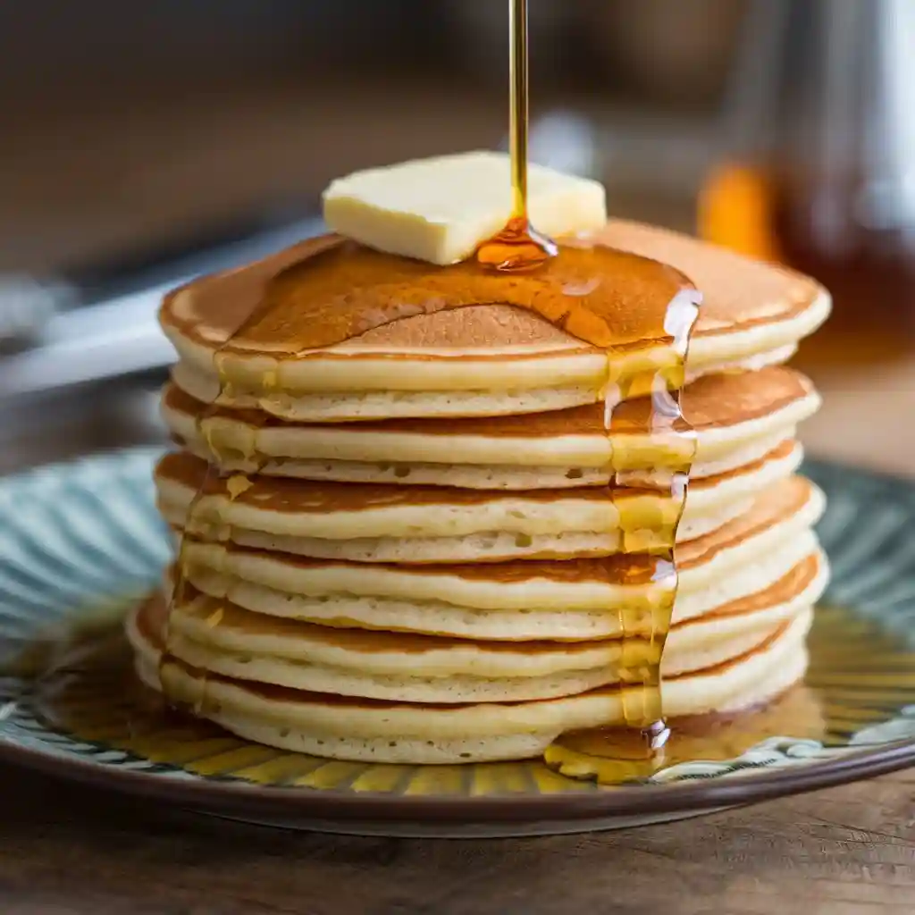 stack of golden-brown pancakes on a plate, with a pat of butter melting on top and a drizzle of maple syrup.