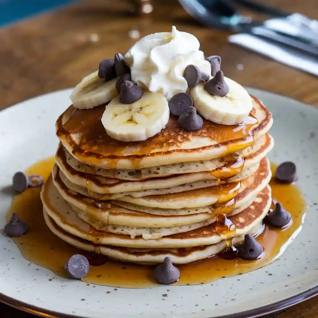 Stack of pancakes with a variety of toppings, including banana slices, chocolate chips, and whipped cream.