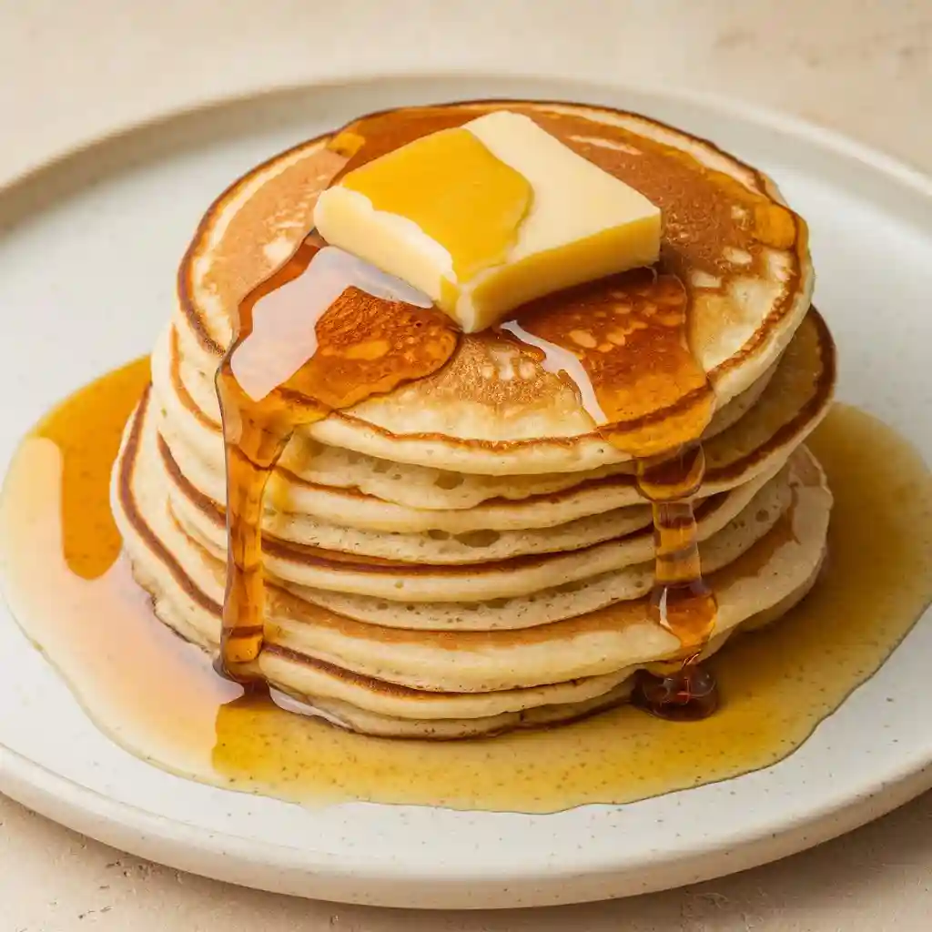 A stack of golden-brown vegan pancakes on a plate, with a pat of vegan butter melting on top and a drizzle of maple syrup.