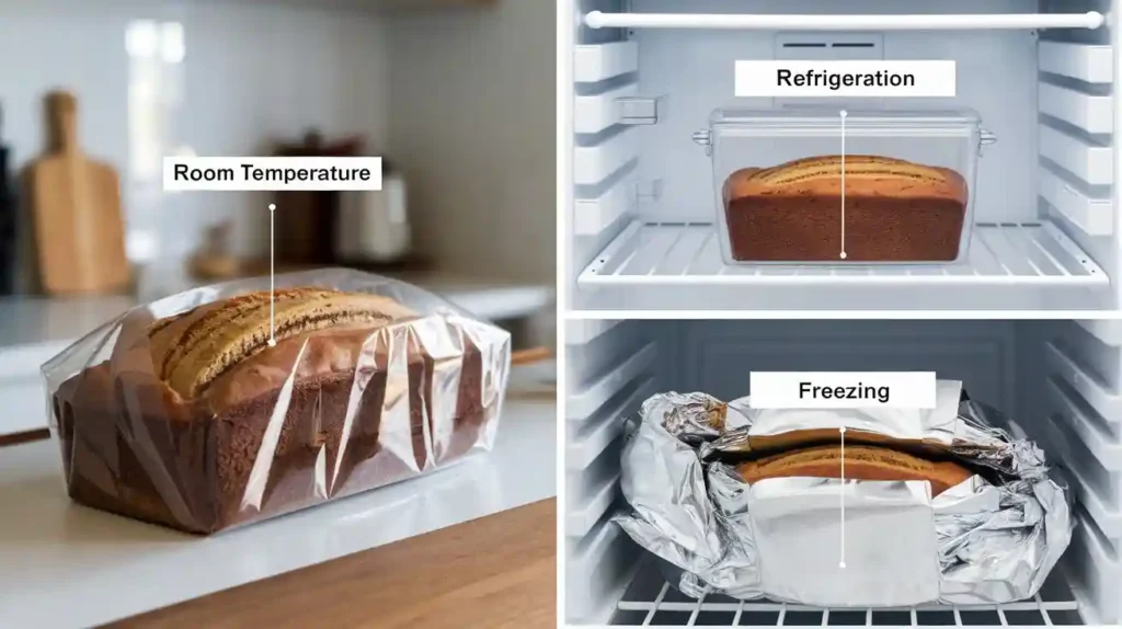 Three ways to store banana bread: wrapped in plastic wrap on a kitchen counter, in an airtight container in a refrigerator, and wrapped in plastic wrap and foil in a freezer.