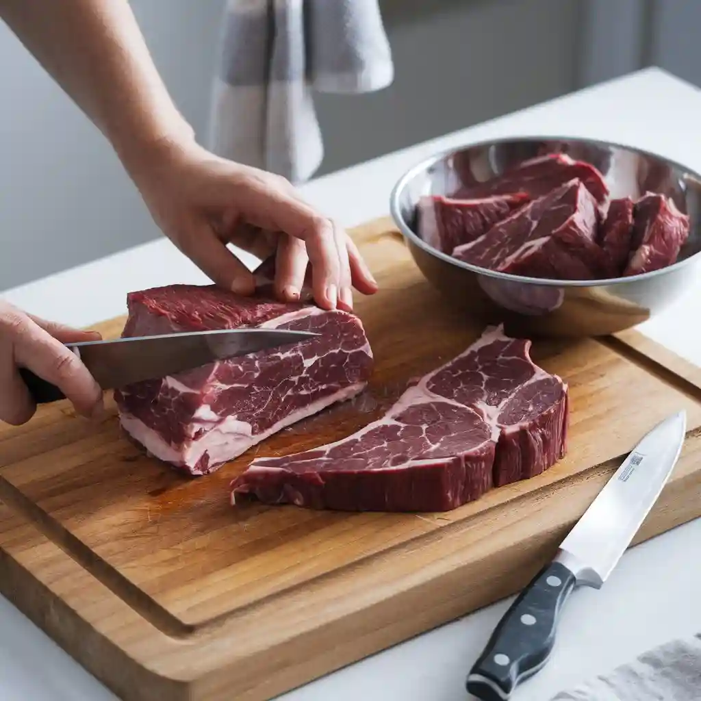 A person trimming fat and silver skin off a cut of venison on a wooden cutting board.