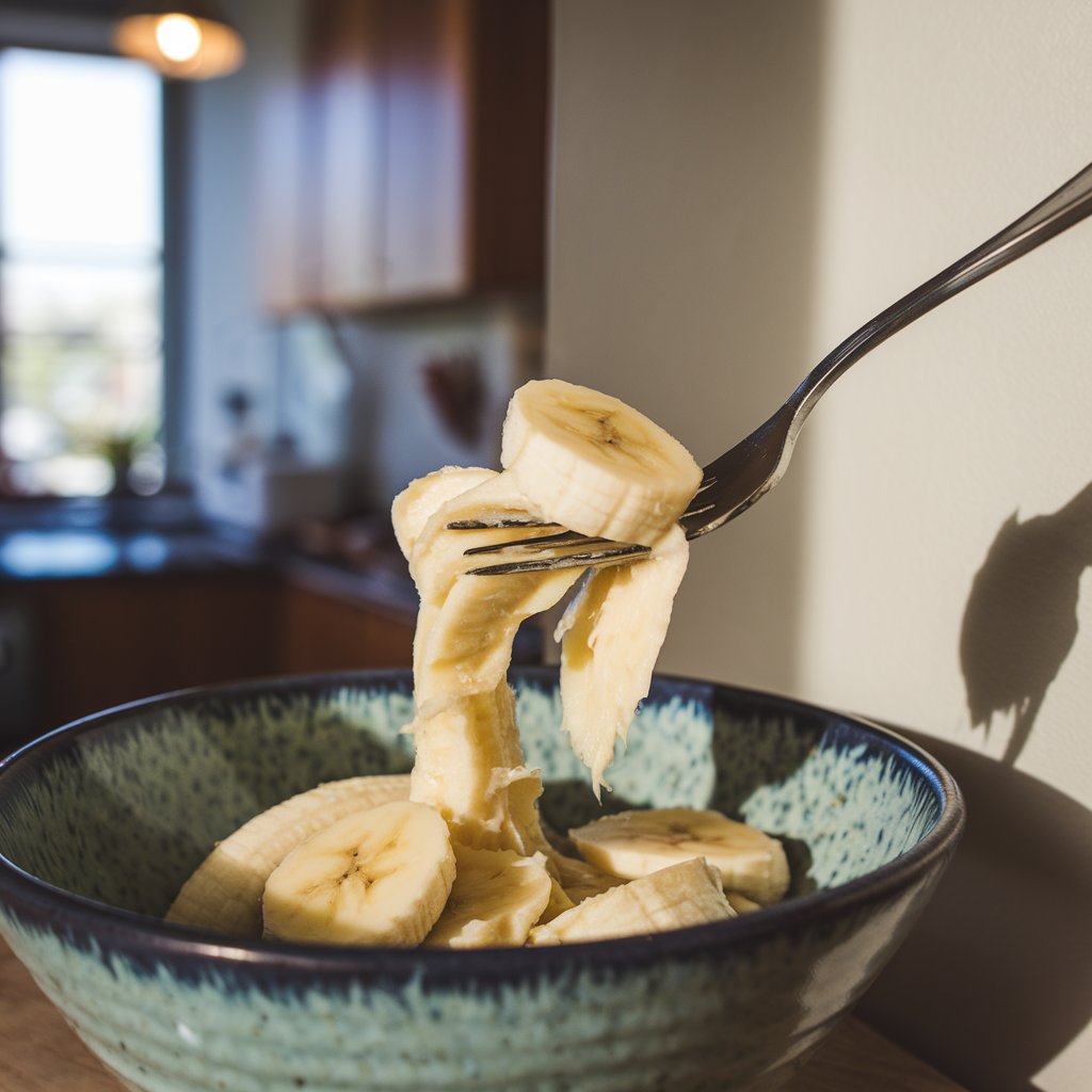 Two ripe bananas being mashed in a bowl with a fork.