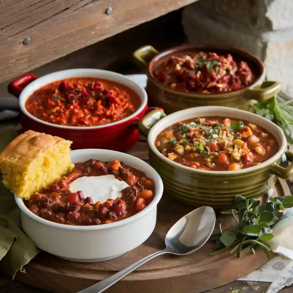 Various types of venison chili dishes, including classic, spicy, and vegetable variants.