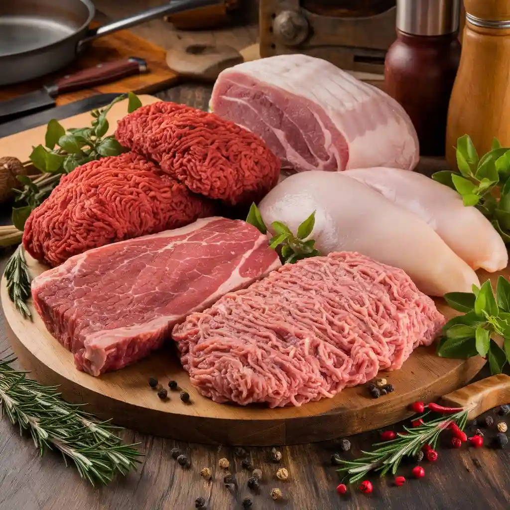 Different cuts of meat including ground beef, chuck roast, pork shoulder, chicken breast, and ground turkey arranged on a wooden board.