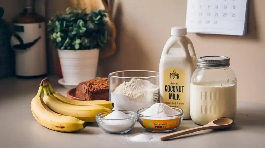 Ingredients for vegan banana bread laid out on a kitchen counter, including bananas, flour, sugar, baking soda, salt, plant-based milk, and coconut oil.