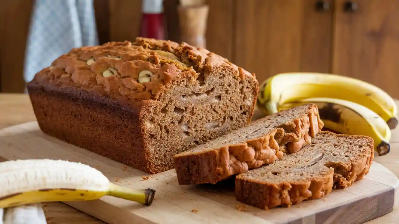 A freshly baked loaf of vegan banana bread, sliced and displayed on a wooden cutting board.