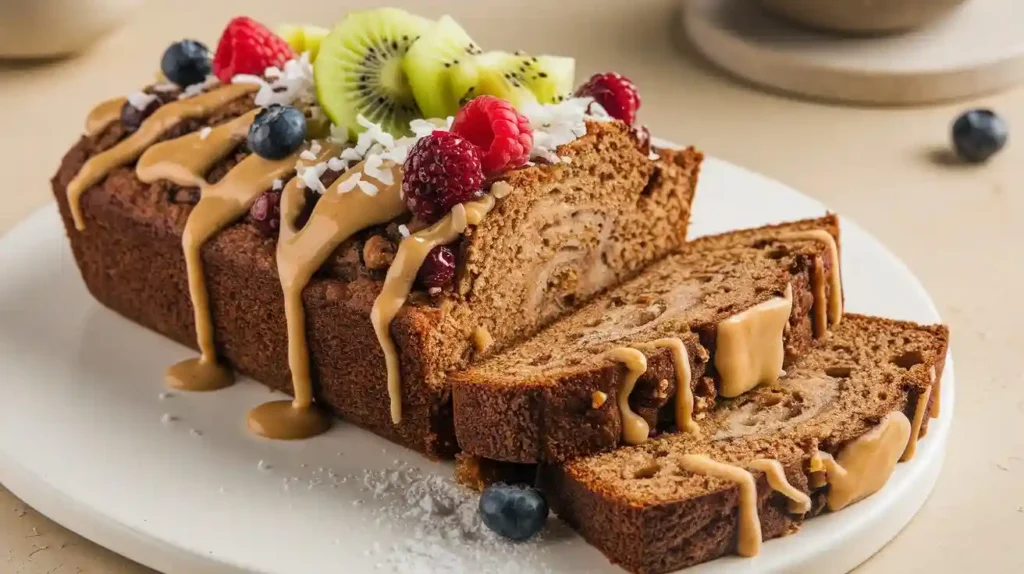 Various toppings for vegan banana bread, including nut butter, fresh fruit, and a dusting of powdered sugar.