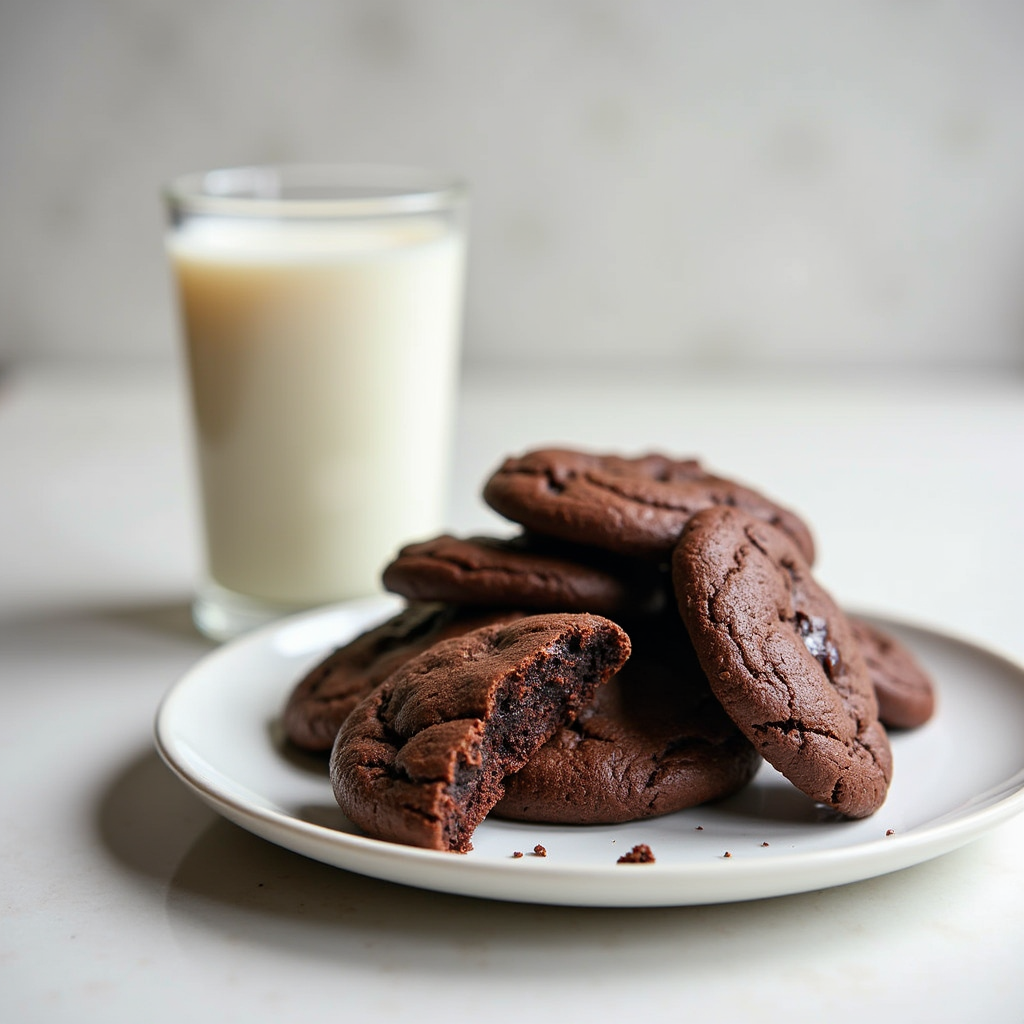 Vegan double chocolate cookies with a glass of plant-based milk