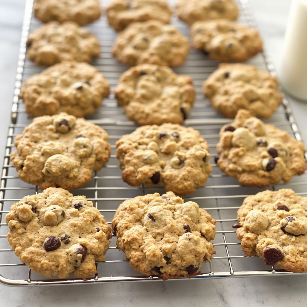Vegan oatmeal raisin cookies cooling on a wire rack.
