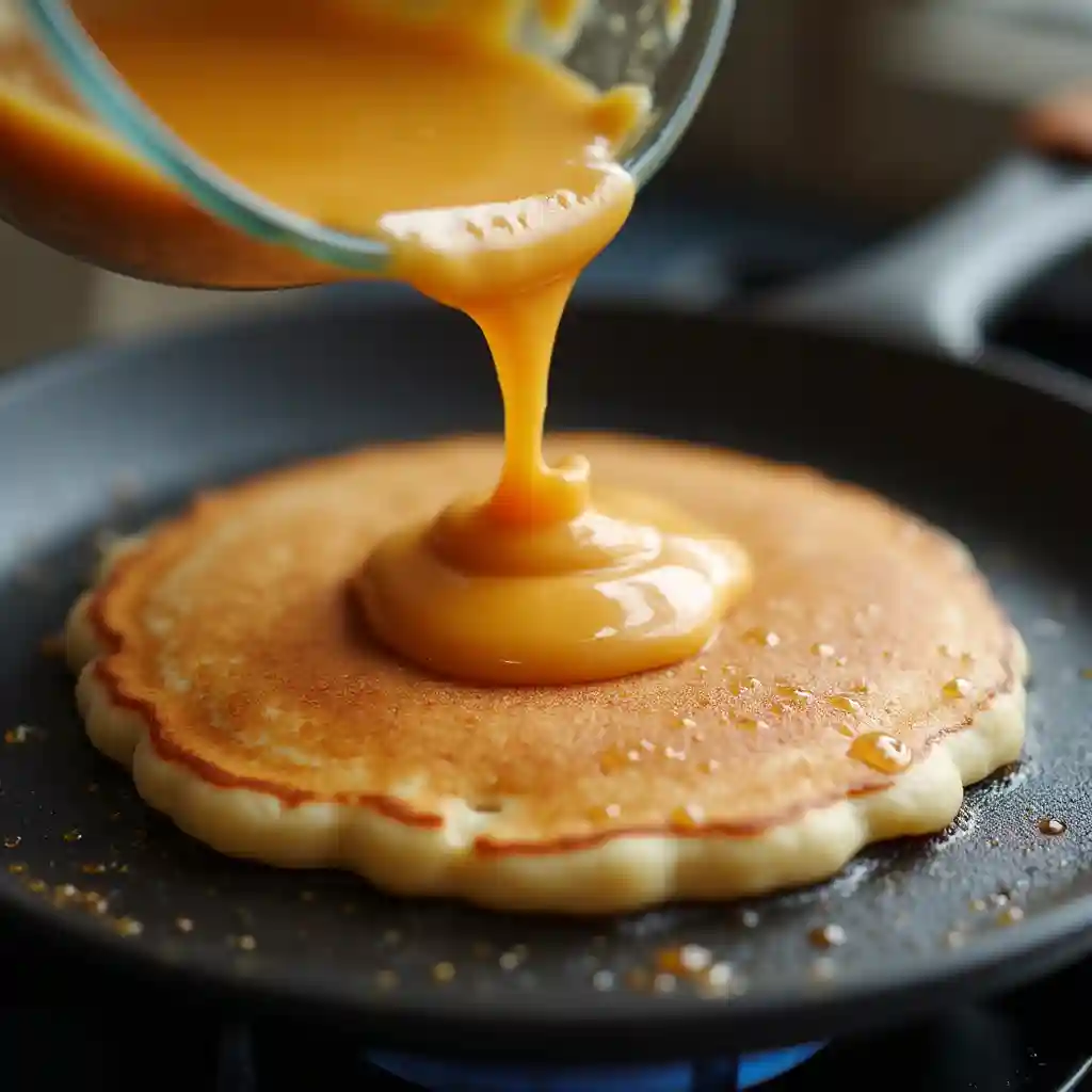 Close-up of a vegan pancake batter being poured onto a hot griddle, with bubbles forming on the surface.